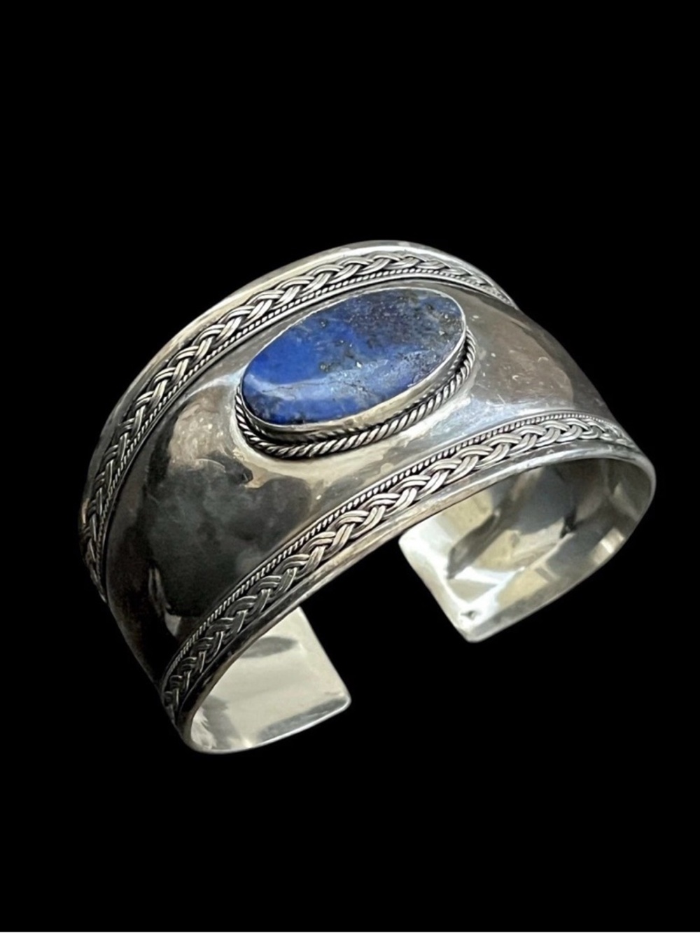 Vintage sterling silver lapis lazuli wide cuff bracelet